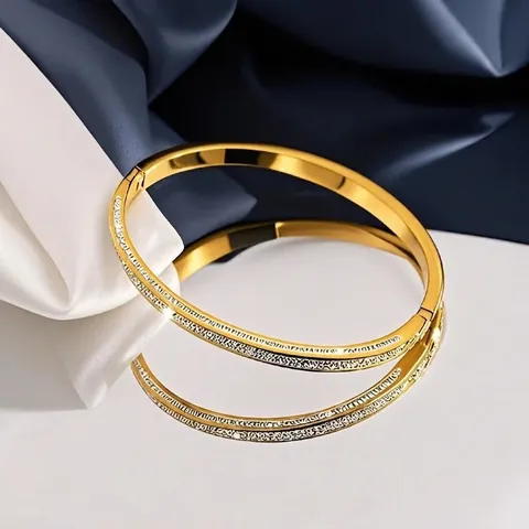 Titanium Steel Bangle Bracelet For Women With Paved Rhinestone Waterproof Hinged Oval Minimalist Elegant Non Tarnish Jewelry