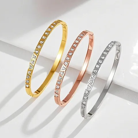 Stainless Steel Bangle Triangle Zircon Inlaid Geometric Cuff Bracelet Elegant Minimalist Jewelry For Women