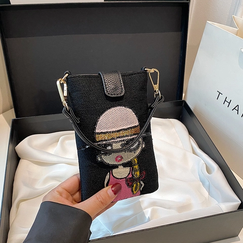 Pailletten Cartoon Telefoon Crossbody Tas Dames Borduurwerk PU Leer Mini Vierkante Handtas Street Style Verstelbare Riem