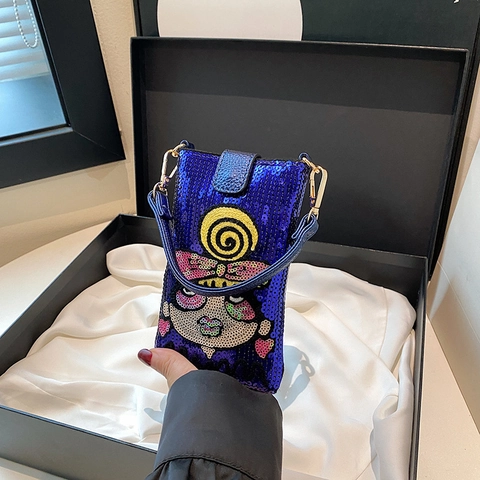 Pailletten Cartoon Telefoon Crossbody Tas Dames Borduurwerk PU Leer Mini Vierkante Handtas Street Style Verstelbare Riem