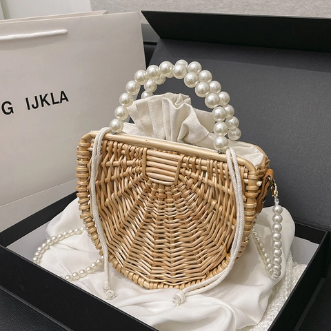 Borsa In Paglia Intrecciata A Mano Da Donna Manico In Perla Artificial Semicircolare Spiaggia Tracolla Vacanze Estive Coulisse