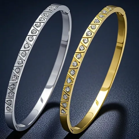 Fashion Stainless Steel Geometric Triangle Rhinestone Bangle For Women Modern Elegant Gold Silver Color Inlaid Bracelet Jewelry Gift