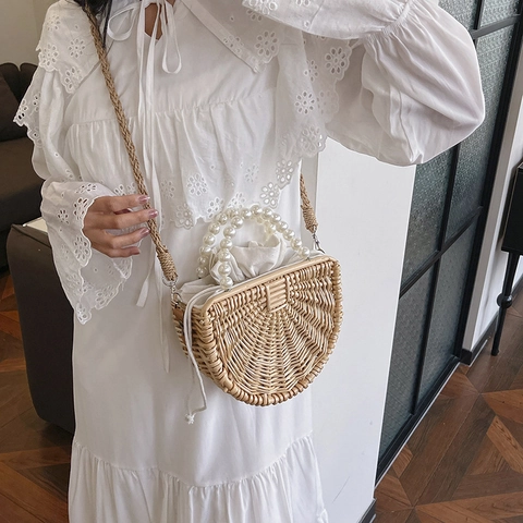 Borsa In Paglia Intrecciata A Mano Da Donna Manico In Perla Artificial Semicircolare Spiaggia Tracolla Vacanze Estive Coulisse