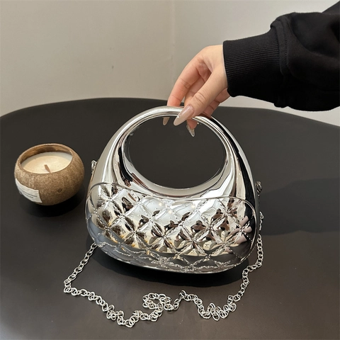 Quilted Mirror Metallic Handbag Evening Bag With Chain Strap Round Handle Half Moon Chic Shoulder Bag For Women