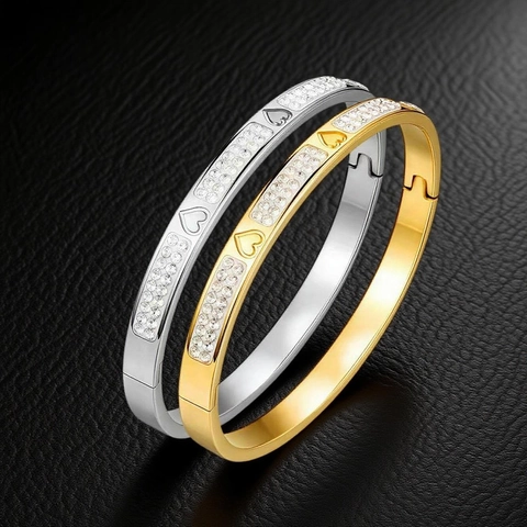 Brazalete De Acero Inoxidable Para Mujer Elegante Forma Corazón Patrón Trébol Diamantes Imitación Bisagra Hebilla Joyería