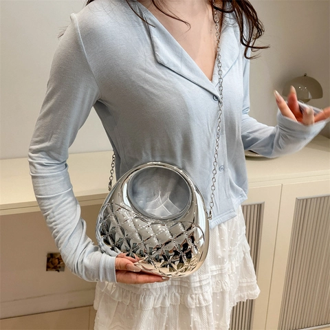Quilted Mirror Metallic Handbag Evening Bag With Chain Strap Round Handle Half Moon Chic Shoulder Bag For Women