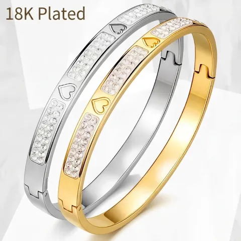 Brazalete De Acero Inoxidable Para Mujer Elegante Forma Corazón Patrón Trébol Diamantes Imitación Bisagra Hebilla Joyería