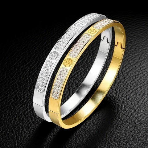Luxury Stainless Steel Bangle For Women Inlaid Rhinestones Heart Clover Cross Shape 18K Gold Plated Fashion Jewelry