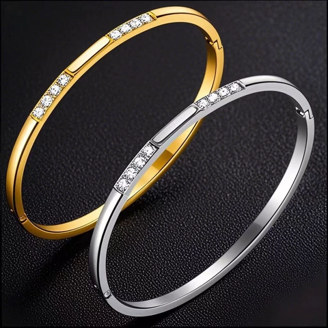 Bracciale Rigido Vintage in Acciaio Inossidabile Placcato Oro 18K con Pavé di Strass per Donna Gioielli di Moda Accessorio Elegante