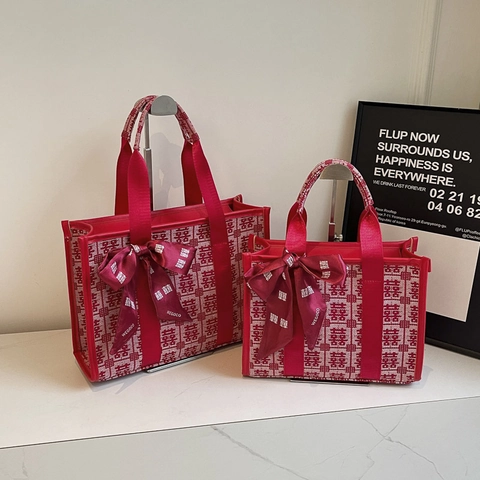 Chinese Wedding Double Happiness Pattern Jacquard Canvas Handbag With Bowtie Ribbon Festive Gift Tote For Women