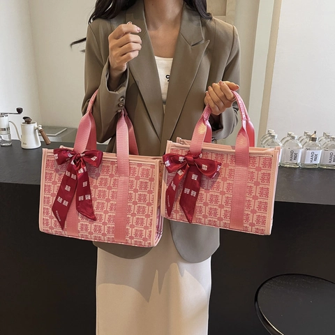 Chinese Wedding Double Happiness Pattern Jacquard Canvas Handbag With Bowtie Ribbon Festive Gift Tote For Women