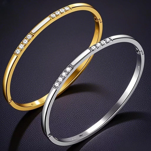 Bracciale Rigido in Acciaio Inossidabile Con Strass Placcato Oro Argento Elegante Gioiello Con Madreperla Sintetica per Donna