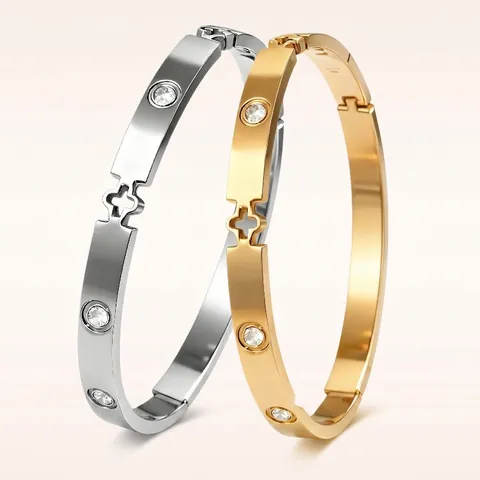 Stainless Steel Bangle Bracelet For Women Five Leaf Flower Mother Of Artificial Pearl Rhinestone Inlaid Hollow Clover Hinged Closure Fashion