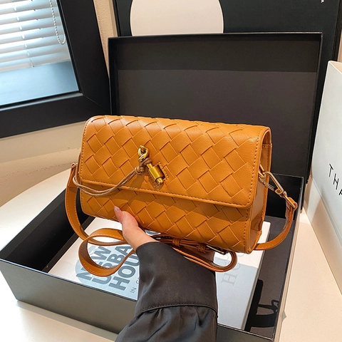 Woven Crossbody Bag PU Leather Small Square Shoulder Purse With Knot Twist Lock Adjustable Strap For Women Chic