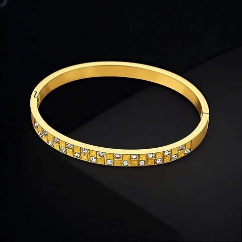 Jonc en Acier Inoxydable à Double Rangée de Strass pour Hommes Femmes Hip Hop Motif Damier Plaqué Or Bracelet Géométrique Bijoux Cadeau