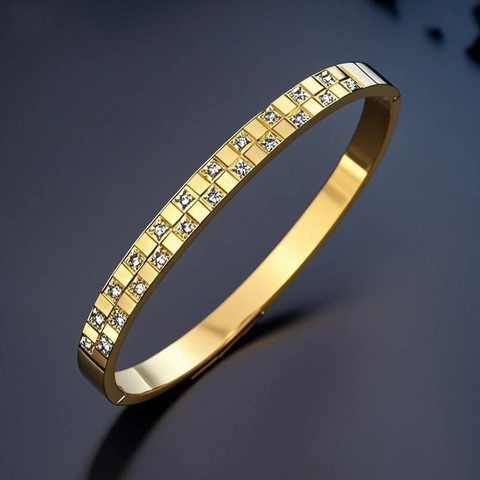 Elegant Stainless Steel Bangle For Women With Double Row Cubic Zirconia Checkerboard Pattern Fashion Jewelry