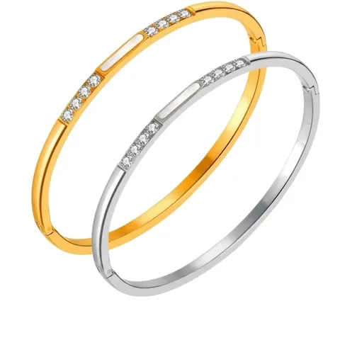 Brazalete De Acero Inoxidable Para Mujer Chapado En Oro De 18K Fila De Diamantes De Imitación Joyería Minimalista