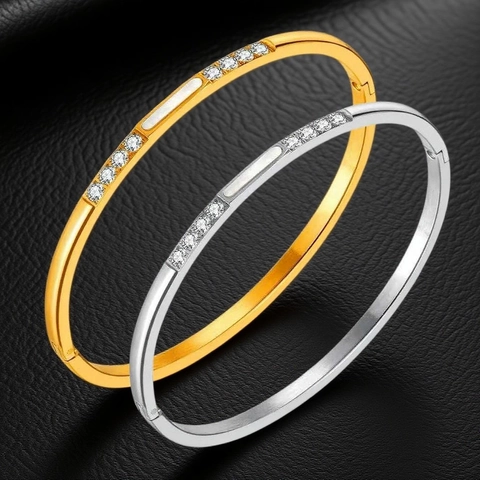 Brazalete De Acero Inoxidable Para Mujer Chapado En Oro De 18K Fila De Diamantes De Imitación Joyería Minimalista