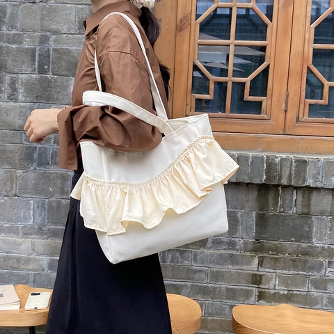 Damen Canvas Tote Bag Rüschenbesatz Plissee Große Kapazität Lässige Koreanische Stil Schulterhandtasche