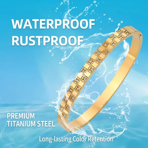 Stainless Steel Bangle Double Row Rhinestone Checkerboard Pattern Hip Hop Fashion Jewelry For Men Women Hinged Bracelet