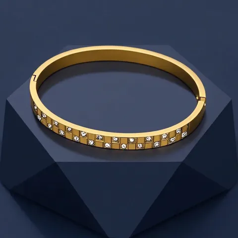 Elegant Stainless Steel Bangle For Women With Double Row Cubic Zirconia Checkerboard Pattern Fashion Jewelry
