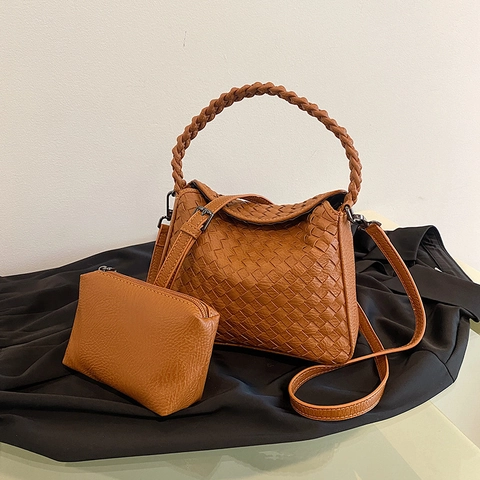 Woven Shoulder Bag PU Leather Dumpling Handbag With Small Pouch Detachable Adjustable Strap Trendy Minimalism Hobo Bag