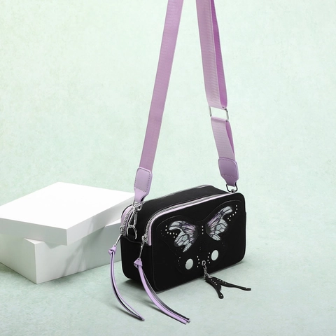 Vintage Butterfly Embroidery Crossbody Camera Bag With Rivet Accents For Women Trendy PU Leather Small Square Handbag