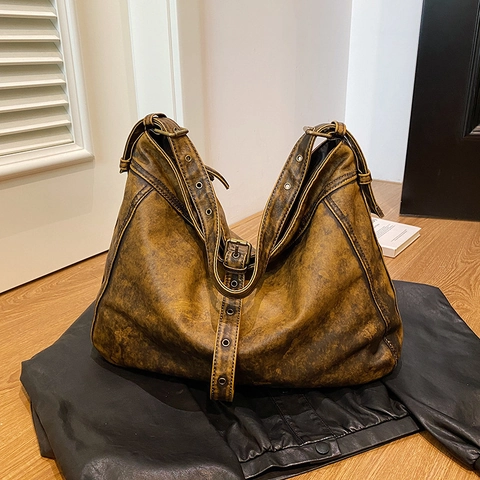 Retro Large Capacity Shoulder Bag Soft PU Leather Distressed Hobo Tote For Women Adjustable Grommet Strap Vintage Style