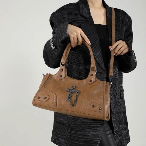 Borsa A Mano Biker Punk Gotico Pelle PU Borchie Croce Catena In Metallo Grande Capacità Borsa A Tracolla Per Donna
