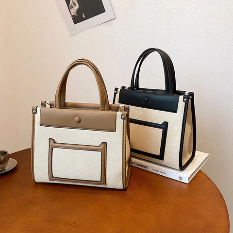 Bolso Tote De Lona Y Cuero PU De Color Contraste Bolso De Mano Gran Capacidad Con Correa Desmontable Para Mujer Oficina