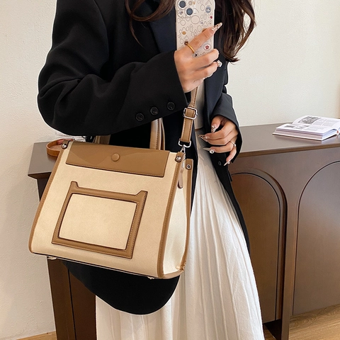 Bolso Tote De Lona Y Cuero PU De Color Contraste Bolso De Mano Gran Capacidad Con Correa Desmontable Para Mujer Oficina
