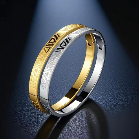 Brazalete De Acero Inoxidable Grabado Triángulo Geométrico Bisagra Pulido Minimalista Joyería Punk Para Hombres Y Mujeres