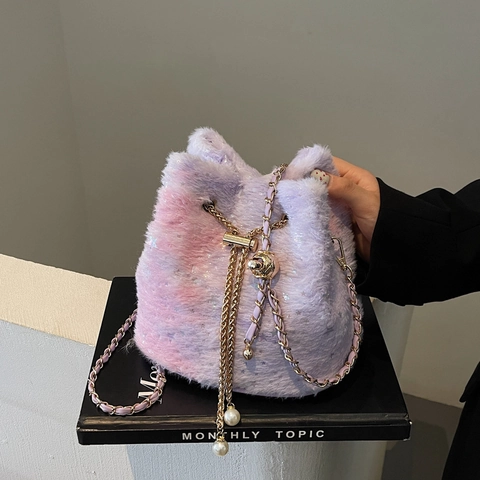 Borsa A Secchiello In Peluche Sfumata Pelliccia Sintetica Coulisse Borsa A Tracolla Con Paillettes Stella Perla Artificial Catena Oro