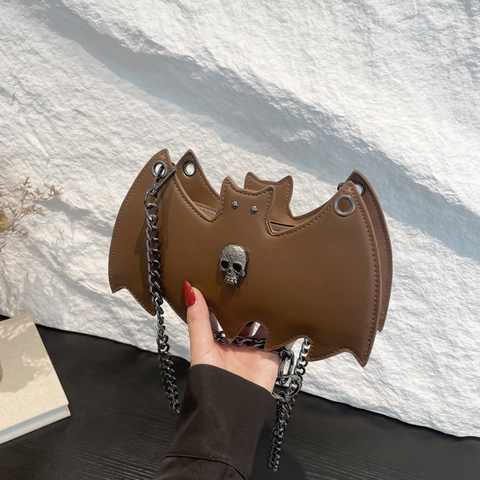 Bat Shaped PU Leather Crossbody Bag With Metal Chain Gothic Punk Skull Cross Decoration For Women