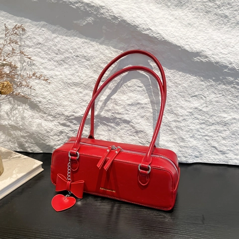 French Style PU Leather Underarm Baguette Bag For Women Simple Rectangular Shoulder Bag With Bowknot Heart Charm Chic