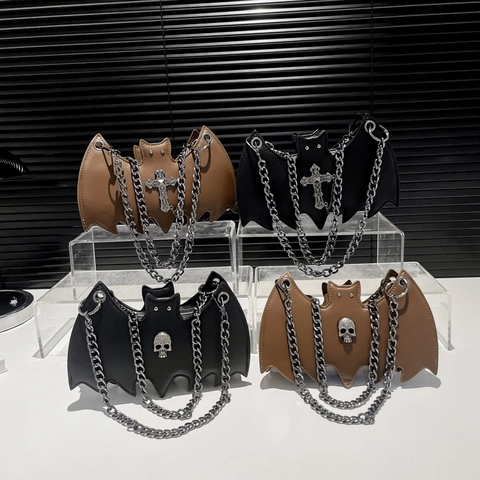 Bat Shaped PU Leather Crossbody Bag With Metal Chain Gothic Punk Skull Cross Decoration For Women