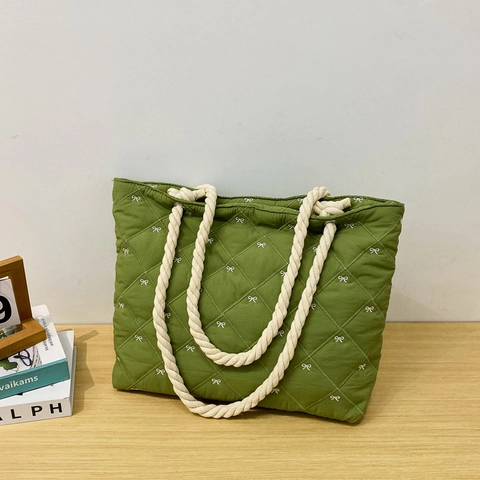 Gesteppte Nylon Tote Bag Mit Schleifenstickerei Dickem Seilgriff Große Kapazität Lässige Schultertasche Für Damen