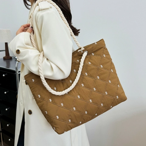Gesteppte Nylon Tote Bag Mit Schleifenstickerei Dickem Seilgriff Große Kapazität Lässige Schultertasche Für Damen