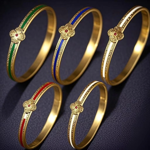 Elegant Four Leaf Clover Flower Bangle 18K Gold Plated Titanium Steel Enamel Open Cuff Bracelet For Women Minimalist Jewelry