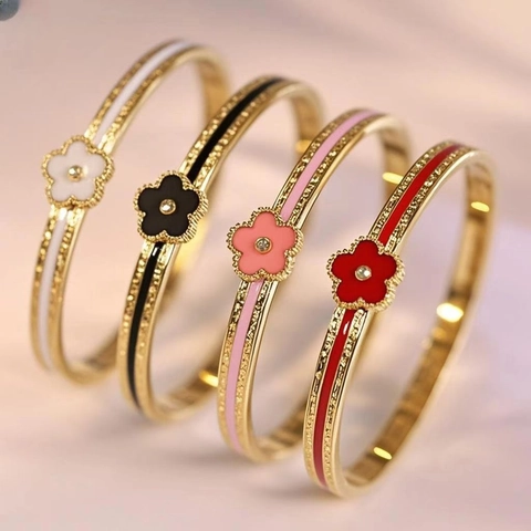 Petal Flower Stainless Steel Bracelet Gold Plated Enamel Zircon Hinged Bangle Fashion Jewelry For Women