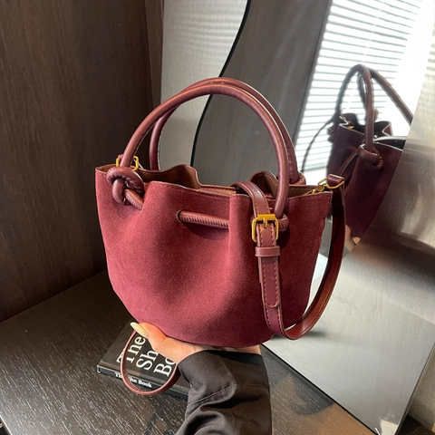 Borsa A Secchiello Retro In Camoscio PU Opaco Design Di Nicchia Borsa A Mano Con Manico A Nodo Tracolla Regolabile Donna