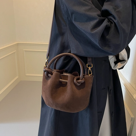 Borsa A Secchiello Retro In Camoscio PU Opaco Design Di Nicchia Borsa A Mano Con Manico A Nodo Tracolla Regolabile Donna