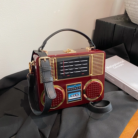 Vintage Radio Form Box Tasche Acryl PU Leder Crossbody Schulter Handtasche Mit Verstellbarem Riemen Für Damen