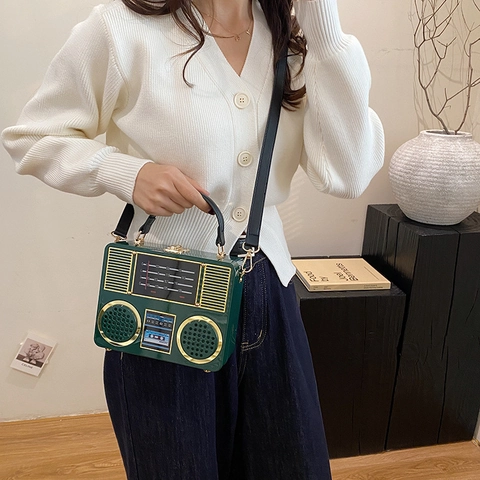 Vintage Radio Form Box Tasche Acryl PU Leder Crossbody Schulter Handtasche Mit Verstellbarem Riemen Für Damen