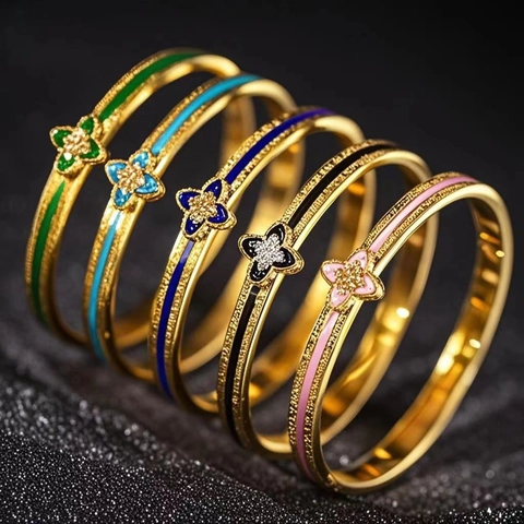Kleeblatt Armreif Edelstahl Vergoldet Emaille Zirkonia Griechisches Muster Mode Schmuck Für Damen