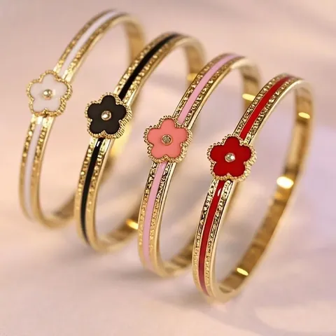 Petal Flower Stainless Steel Bracelet Gold Plated Enamel Zircon Hinged Bangle Fashion Jewelry For Women
