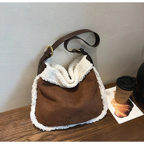 Vintage Suède Schoudertas Voor Dames Kunstlamswol Trim Grote Capaciteit Crossbody Tas Casual Herfst Winter Hobo Tote Bag