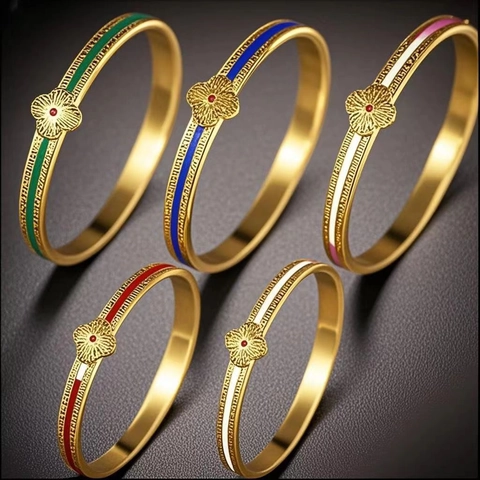 Kleeblatt Armreif Edelstahl 18K Vergoldet Emaille Römische Ziffern Eleganter Modeschmuck Für Damen