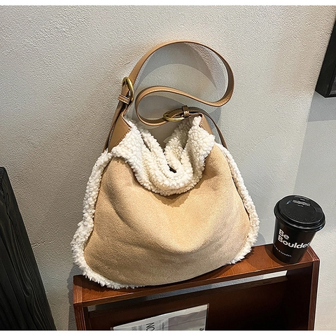 Vintage Suède Schoudertas Voor Dames Kunstlamswol Trim Grote Capaciteit Crossbody Tas Casual Herfst Winter Hobo Tote Bag