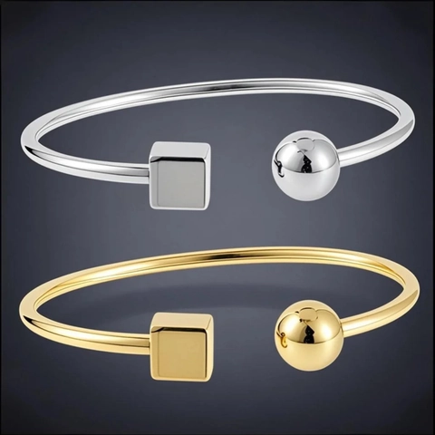 Bracciale A Polsino In Acciaio Inossidabile Placcato Oro 18K Geometrico Sfera Cubo Aperto Gioielli Minimalisti Donna